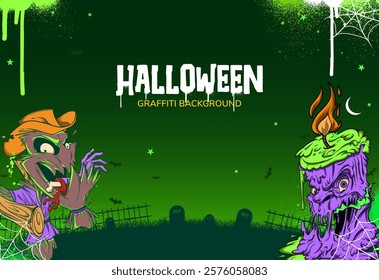 Zombie Halloween background in graffiti style. Vibrant and colorful Zombie theme graffiti art template design with scribbles, tagging, drips.