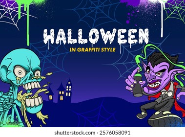 Zombie Halloween background in graffiti style. Vibrant and colorful Zombie theme graffiti art template design with scribbles, tagging, drips.