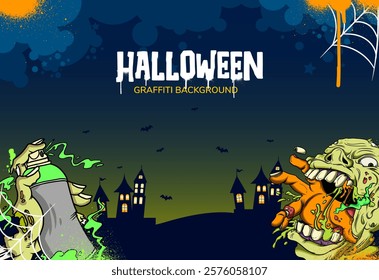 Zombie Halloween background in graffiti style. Vibrant and colorful Zombie theme graffiti art template design with scribbles, tagging, drips.