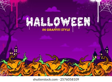 Zombie Halloween background in graffiti style. Vibrant and colorful Zombie theme graffiti art template design with scribbles, tagging, drips.