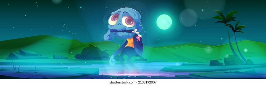 Zombie Halloween character rise from the grave. Cartoon eerie personage, dead monster with blue skin, torn dirty clothes eating own hand at midnight landscape. Creepy game scene, Vector illustration