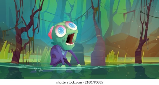 Zombie Halloween Character In Scary Forest Swamp. Cartoon Eerie Personage, Dead Monster With Green Skin, Torn Dirty Clothes Walk Knee-deep In Water At Mystery Wood Landscape, Vector Illustration