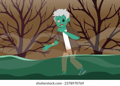 Zombie Halloween character in scary forest swamp. Cartoon eerie personage, dead monster with green skin.