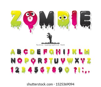 Zombie halloween font. Jelly slim colorful letters and numbers. Creative scary alphabet isolated on white. Vector illustration