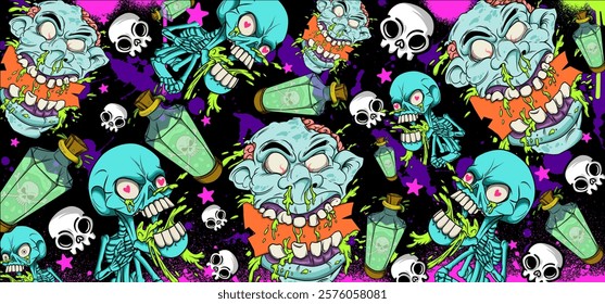 Zombie Halloween graffiti vector illustration. Vibrant and colorful Zombie theme graffiti art background with scribbles, tagging, drips for wall art, wallpaper and many purposes