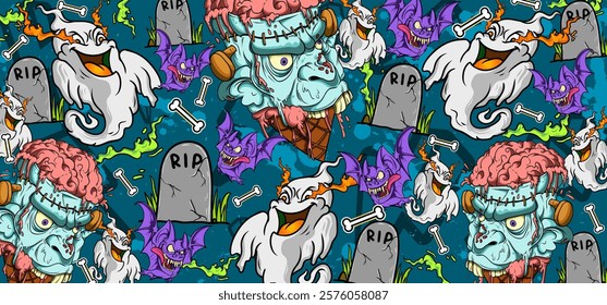 Zombie Halloween graffiti vector illustration. Vibrant and colorful Zombie theme graffiti art background with scribbles, tagging, drips for wall art, wallpaper and many purposes