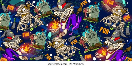 Zombie Halloween graffiti vector illustration. Vibrant and colorful Zombie theme graffiti art background with scribbles, tagging, drips for wall art, wallpaper and many purposes