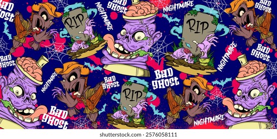 Zombie Halloween graffiti vector illustration. Vibrant and colorful Zombie theme graffiti art background with scribbles, tagging, drips for wall art, wallpaper and many purposes