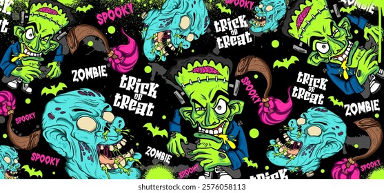 Zombie Halloween graffiti vector illustration. Vibrant and colorful Zombie theme graffiti art background with scribbles, tagging, drips for wall art, wallpaper and many purposes