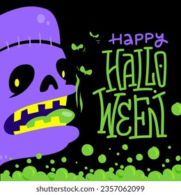 Zombie Halloween Greeting Text. Vector illustration cartoon character a fetid smell on black background. A simple minimalist for a postcard, poster, banner for a holiday.