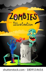 Zombie Halloween. Horror zombie stand near rip gravestone at cemetery. Undead corpse raise up hand from grave ground. Mystery midnight full moon illustration. Greeting Halloween party vector banner