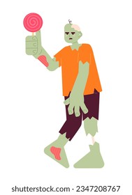 Zombie halloween party flat concept vector spot illustration. Helloween monster costume 2D cartoon character on white for web UI design. Lollipop holding isolated editable creative hero image