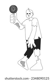 Zombie halloween party monochrome concept vector spot illustration. Helloween monster costume 2D flat bw cartoon character for web UI design. Lollipop holding isolated editable hand drawn hero image