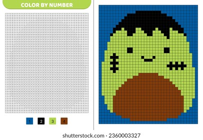 Zombie Halloween squishmallow. Color by number. Pixel coloring book. Numbered squares. Game for kids. Pixel art. Isolated vector illustration eps 10