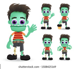 Zombie halloween vector characters set. Scary zombie halloween monster character creature standing and waving with pumpkin lantern element for halloween party. Vector illustration.
