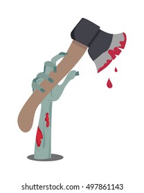 Zombie hand appears with axe in blood isolated on white. Horrible arm of undead human creature. Happy Halloween concept in flat style. Science fiction cartoon illustration. Horror fantasy. Vector
