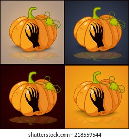 zombie hand, banner and background for pumpkins for Halloween