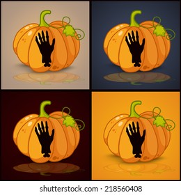 zombie hand, banner and background for pumpkins for Halloween