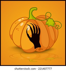 zombie hand, banner and background for pumpkins for Halloween