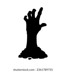 Zombie Hand schwarze Silhouette, einzelne, verfallene Vektorarme, mit zerklüfteten Fingern und einer strahlenden Präsenz, die vom Boden oder Grab aufkleben, verkörpert den Schrecken des Untoten und Halloween-Geistes