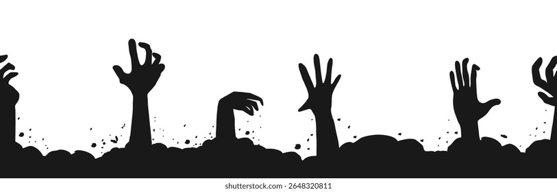 Zumbi mão borda, mão monstro halloween silhueta braços ascendentes. Silhueta de Halloween com mãos monstruosas garras, figuras fantasmagóricas e sombras malignas para faixas de vetor assustador e cenas de pesadelo.