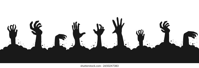 Zombie hand border, monster hand halloween silhouette rising arms. Black scary background with grave ground and creepy shadows. 