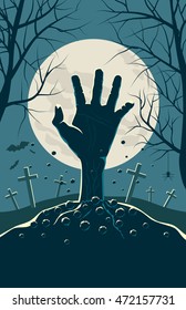 Mano zombie con los antecedentes de Halloween. Plantilla vectorial de banner, afiche o invitación.