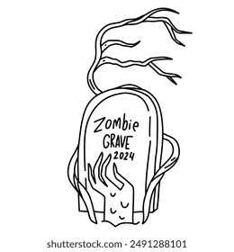 zombie hand breaking through grave soil on cemetery, funny Halloween vector illustration in in doodle outline style