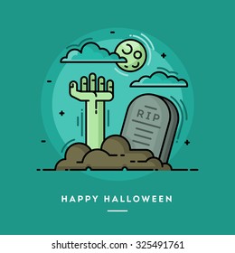 Mano zombie en cementerio, diseño plano banner de línea delgada Halloween, ilustración vectorial