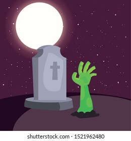 zombie hand in cemetery scene vector illustration design