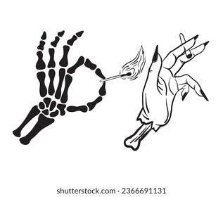 Zombie hand with a cigarette. Skeleton hand is lighting a match. Halloween concept. All elements are isolated.