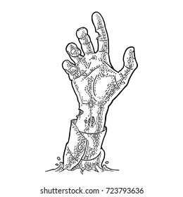 Zombie hand with claw. Vector black vintage engraving illustration. Isolated on white background. For invitation and poster Halloween party.