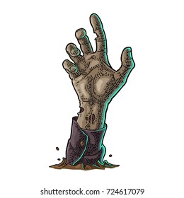 Zombie hand with claw. Vector color vintage engraving illustration. Isolated on white background. For invitation and poster Halloween party.