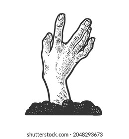 Zombie hand climbs out of the grave sketch engraving vector illustration. Halloween party symbol. T-shirt apparel print design. Scratch board imitation. Black and white hand drawn image.