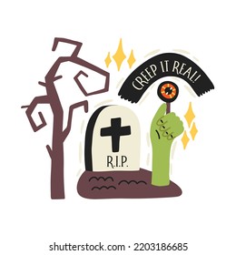 Zombie Hand Comes Out Of The Grave.Green Hand Holds Lollipop With Eye. Cemetery Grave With Sinister Tree. Halloween Kids Graphic. Cartoon Flat Vector 