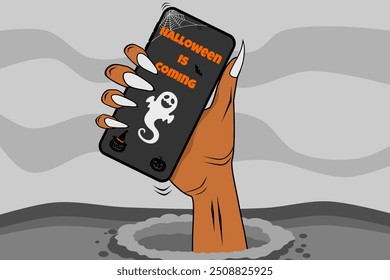 Uma mão zumbi sai do chão segurando um celular com Halloween está vindo escrito na tela. Feliz conceito de Halloween. Ilustração vetorial.