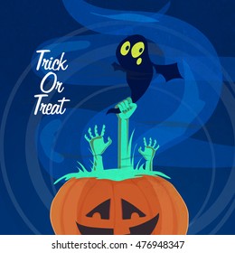 Zombie hand coming out from big pumpkin and holding a bat, Trick or Treat Party Poster.