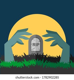 Zombie Hand Coming Out from a Grave Full Moon Night Sky