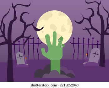 Zombie hand coming out of a grave in a creepy graveyard