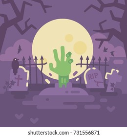 Zombie hand coming out of grave. Trick or treat. Halloween night cemetery flat illustration