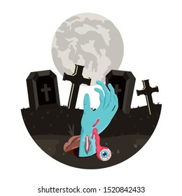 zombie hand coming out of the ground cemetery scene