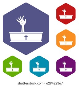 Zombie hand coming out of his coffin icons set hexagon isolated vector illustration