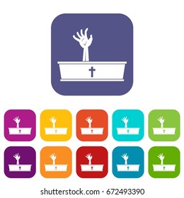 Zombie hand coming out of his coffin icons set vector illustration in flat style In colors red, blue, green and other