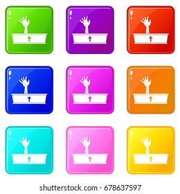 Zombie hand coming out of his coffin icons of 9 color set isolated vector illustration