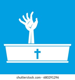Zombie hand coming out of his coffin icon white isolated on blue background vector illustration