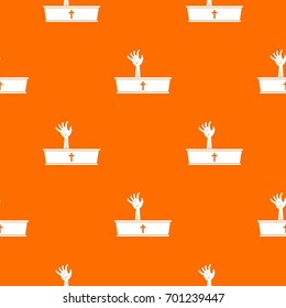 Zombie hand coming out of his coffin pattern repeat seamless in orange color for any design. Vector geometric illustration