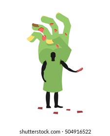 Zombie Hand costume man mascot promoter. Male in suit green arm distributes flyers. Puppets monster engaged in advertising goods