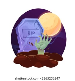 La mano zombie se arrastra fuera de la tumba. Lápida en la noche. Cementerio de Halloween. Estilo de caricatura. Ilustración vectorial aislada en fondo blanco.