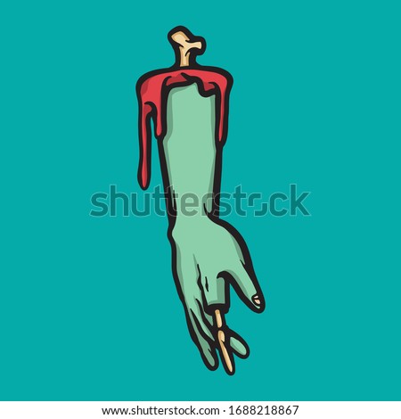 Zombie hand. Creepy vector concept. pale chopped hand foot with bone illustration