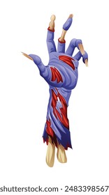 Zombie hand with detailed torn skin and exposed bones. Vector cartoon illustration